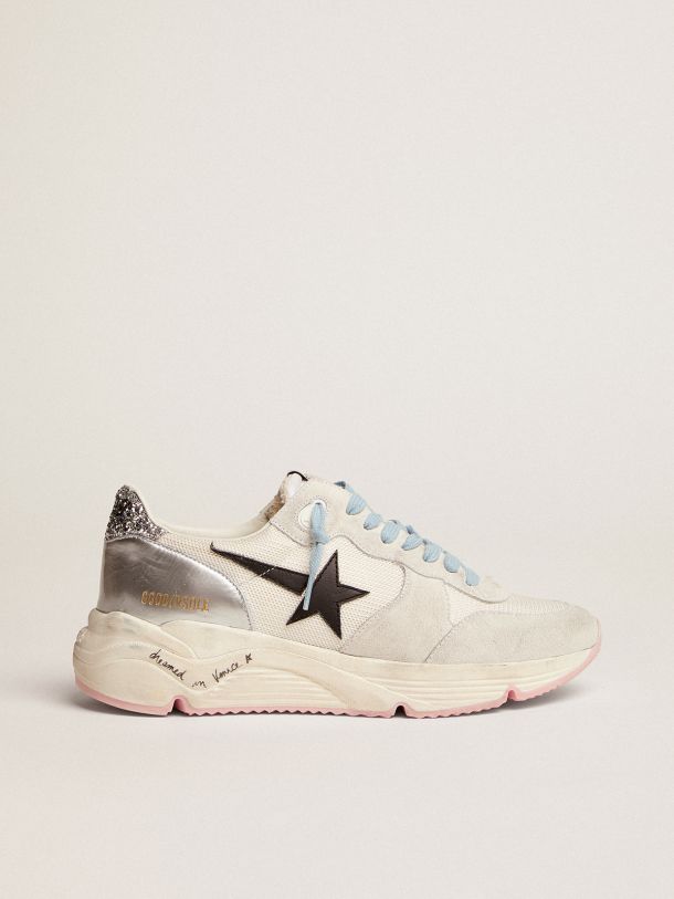 Golden Goose - Running Sole LTD sneakers in white mesh and suede with silver glitter heel tab and black leather star in 