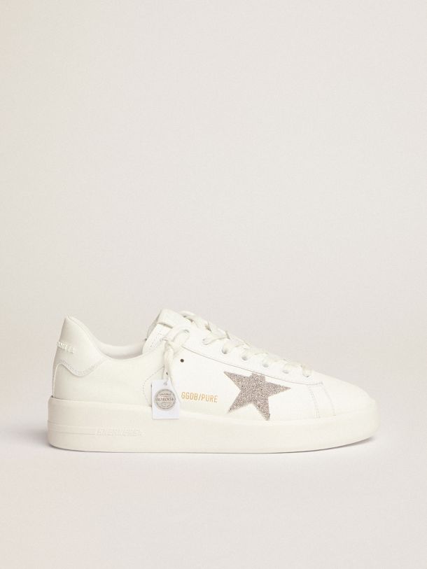 Golden Goose - Sneaker Purestar in pelle bianca con stella in cristalli color argento in 