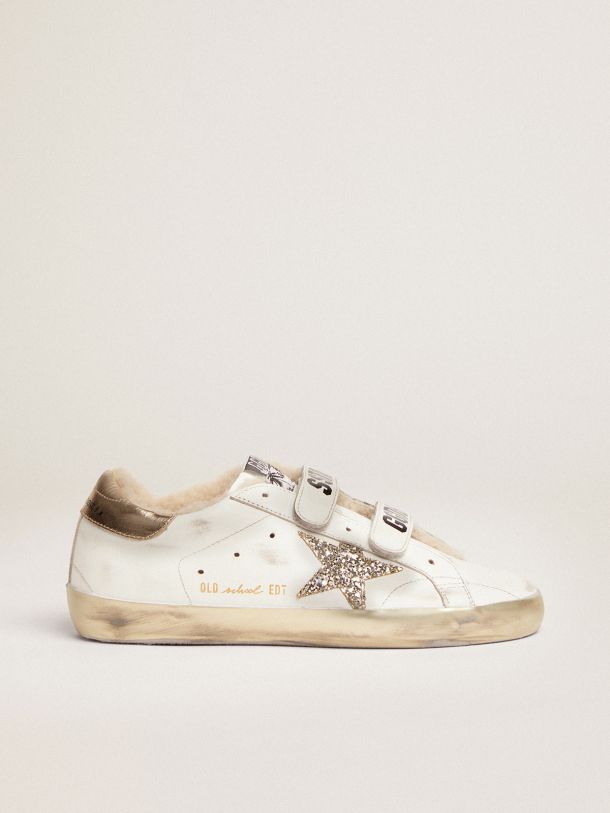 Golden Goose - Old School sneakers in white leather with platinum-colored glitter star and shearling lining in 