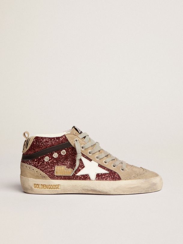 Sneakers Mid Star à paillettes bordeaux avec insertions en daim couleur tourterelle et étoile en cuir blanc