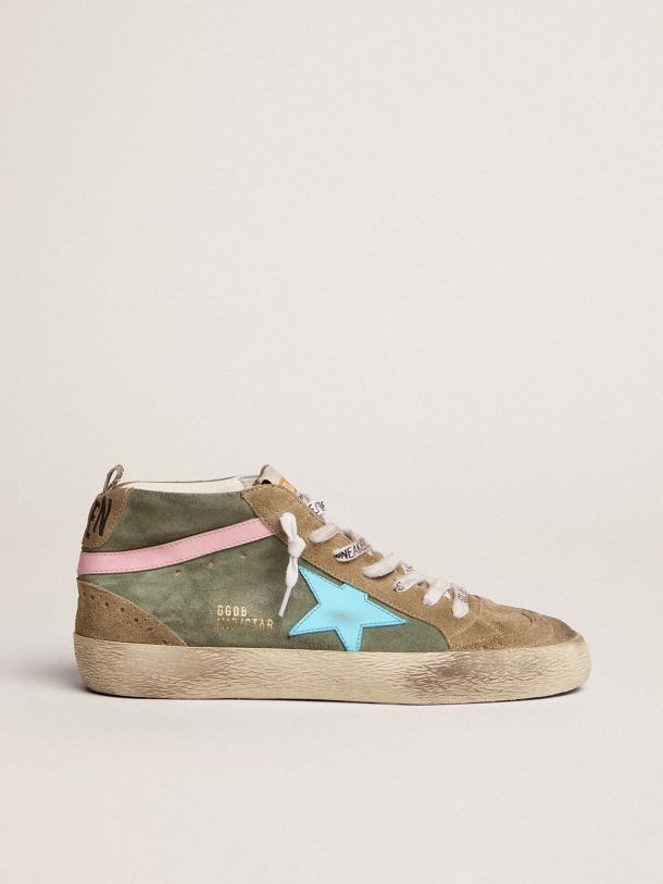 Golden Goose - Mid Star LTD sneakers in military green suede with sky-blue leather star and pink leather flash in 