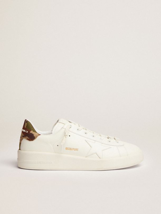 Golden Goose - Purestar sneakers in white leather with tone-on-tone star and green heel tab in camouflage-print ripstop fabric in 