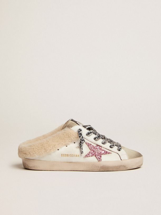 Golden Goose - Super-Star Sabots with pink glitter star and shearling lining in 