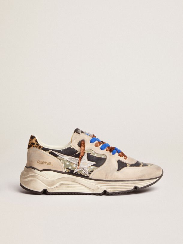 Golden Goose - Running Sole sneakers in black and green gabardine with camouflage tiger print and milk-white nubuck inserts in 