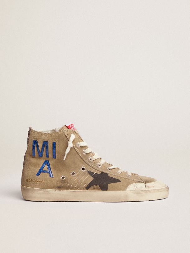 Golden Goose - Francy Penstar sneakers in dove-gray suede with black screen-printed star and Miami skyline in 