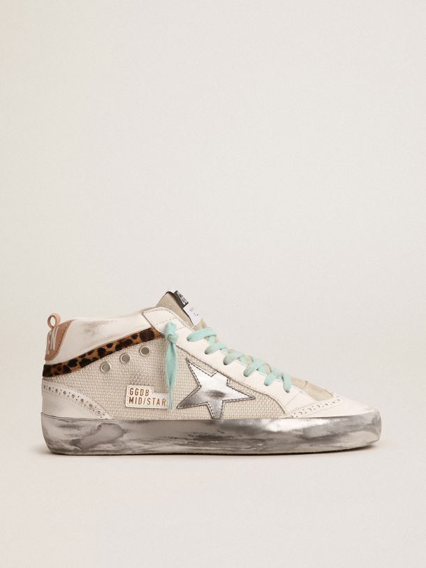 Golden Goose - Mid Star sneakers with silver metallic leather heel tab and leopard-print pony skin flash in 