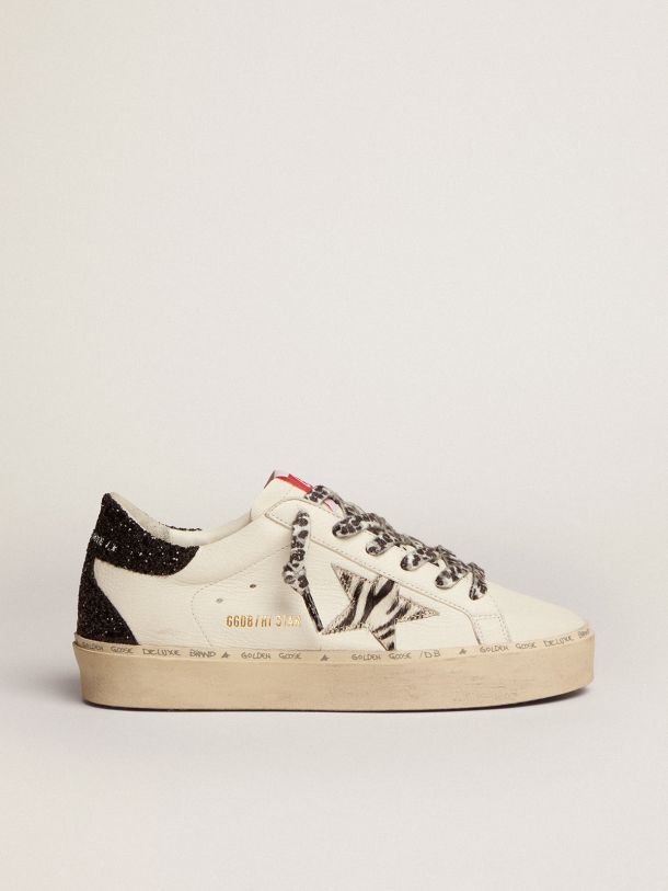 Golden Goose - Hi Star sneakers with zebra-print pony skin star and black glitter heel tab in 