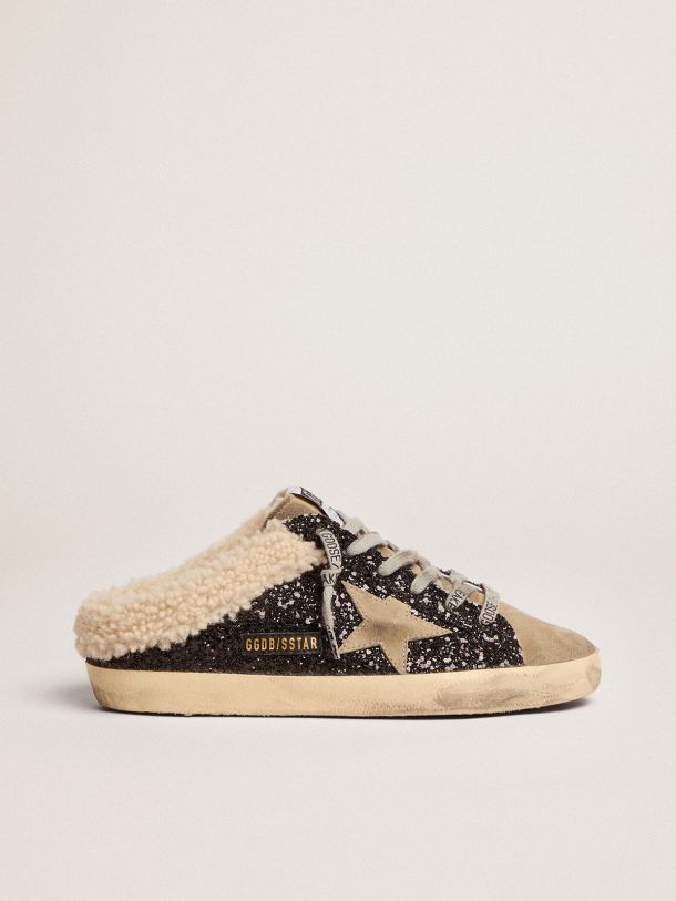 Golden Goose - Super-Star Sabots LTD in black glitter with dove-gray suede star and shearling lining in 