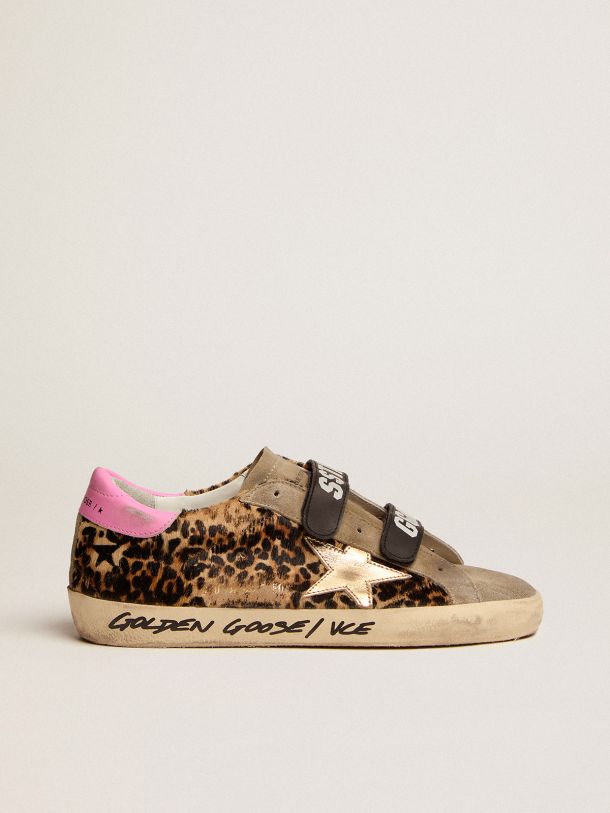 Golden Goose - Old School sneakers in leopard-print pony skin with gold metallic leather star and pink leather heel tab in 