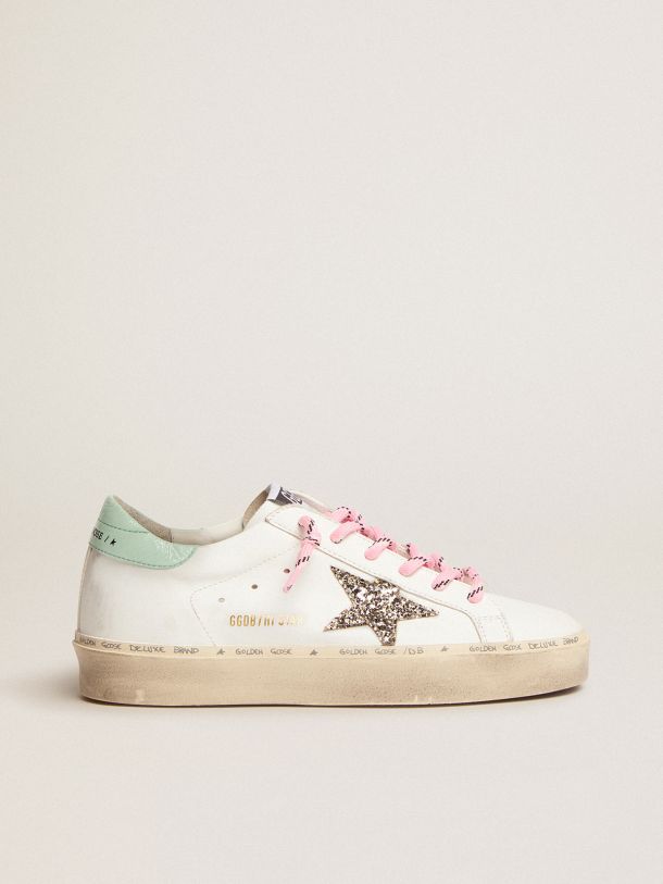 Golden Goose - Hi Star sneakers with platinum glitter star and aqua-green patent leather heel tab in 