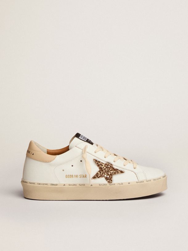 Golden Goose - Hi Star sneakers with gold glitter star and beige leather heel tab in 