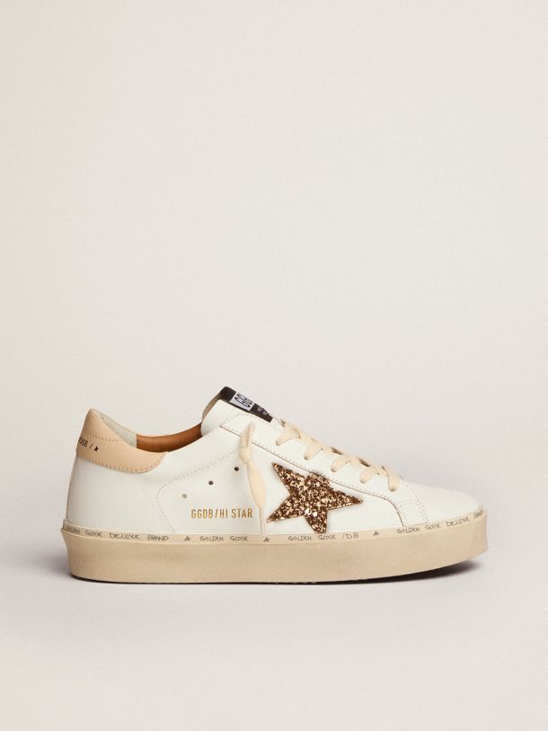 Hi Star sneakers with gold glitter star and beige leather heel tab | Golden Goose