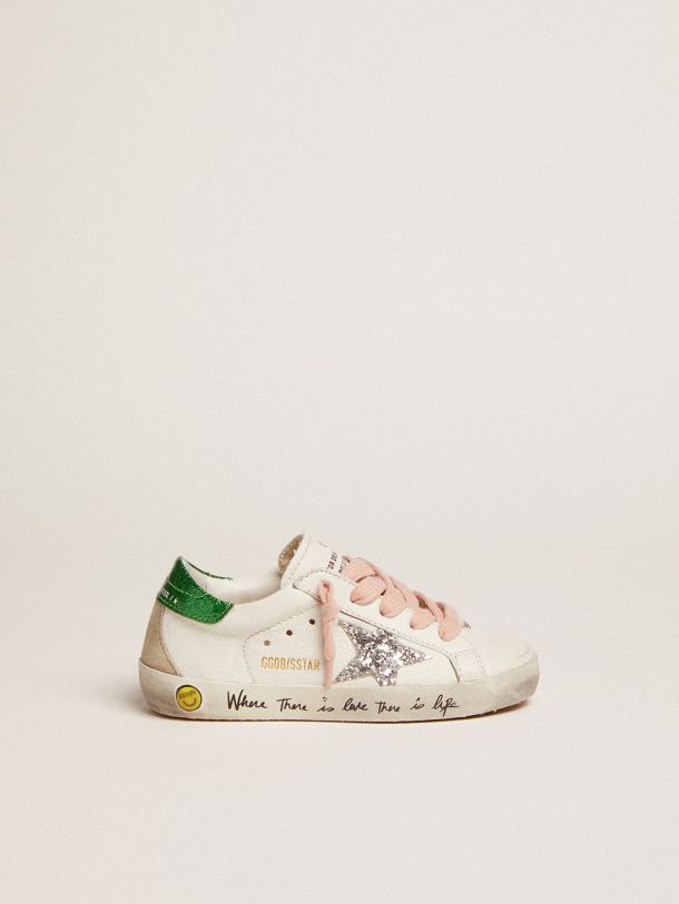 Golden Goose - Super-Star sneakers with silver glitter star and green glitter heel tab in 