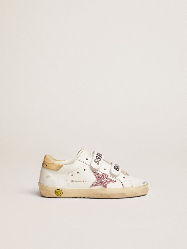 Old School sneakers with pink glitter star and sand-colored suede heel tab