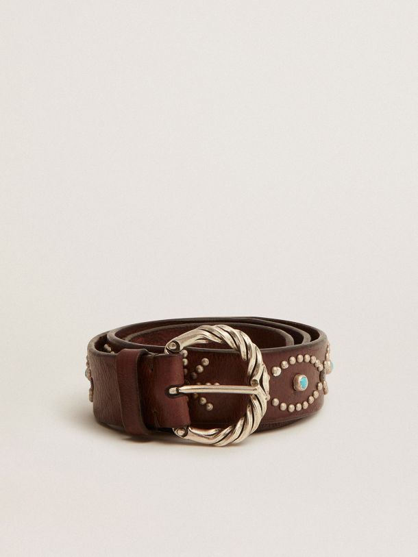Women's belt in dark brown leather with colored studs