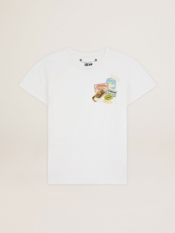 Golden Goose - Weißes T-Shirt aus der Journey Collection mit mehrfarbigem Briefmarkenprint in 