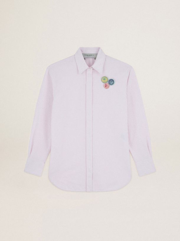 Oversized Journey Collection shirt with pink and white vertical stripes and pins