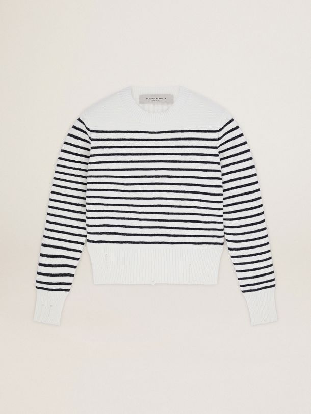 White Journey Collection pullover with blue stripes, distressed finish and lettering on the collar