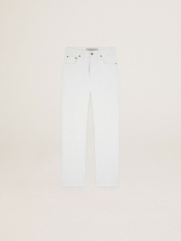 Golden Goose - Cropped Journey Collection pants in white bull denim with worn-out effect hem     in 