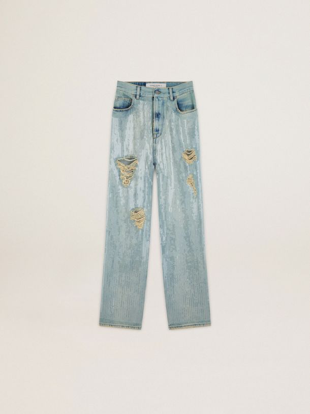 Jeans Collezione Journey di colore blu chiaro dall'effetto distressed con paillettes all-over