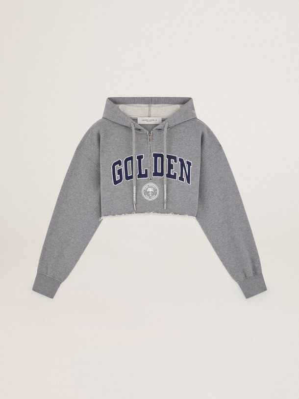 Cropped Journey Collection hooded sweatshirt in gray with dark blue Golden lettering