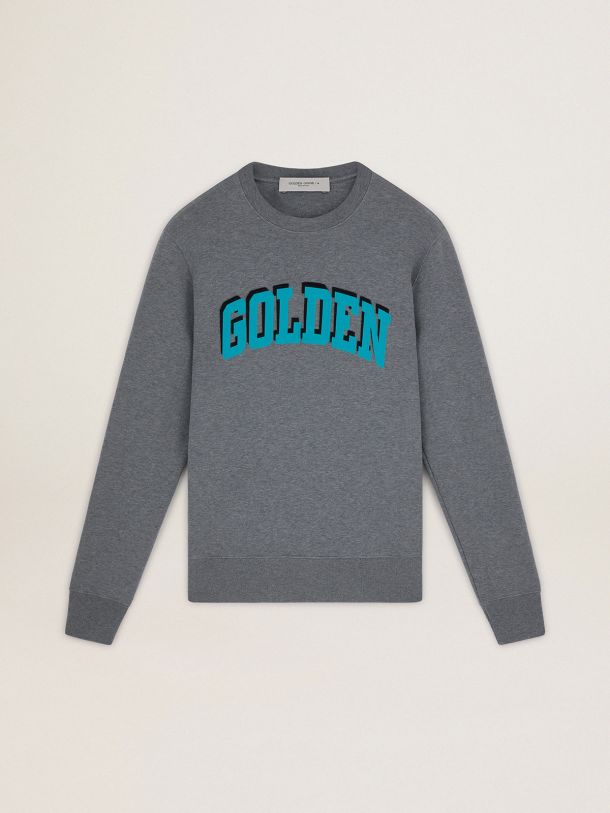 Golden Goose - Gray Journey Collection sweatshirt with contrasting turquoise Golden lettering in 