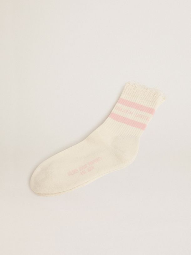 Distressed-finish white socks with baby-pink logo and stripes
