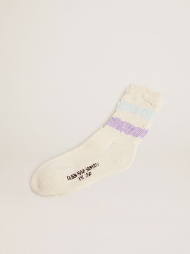 Golden Goose - Distressed-finish white socks with lilac and baby blue stripes in 