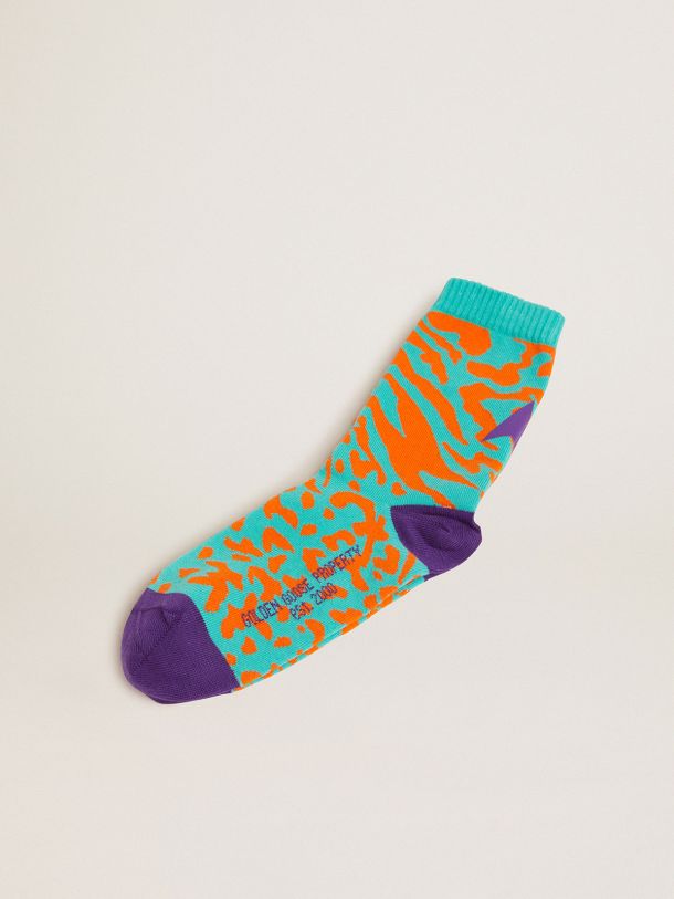 Golden Goose - Socken in Türkis, Orange und Violett mit Leoprint, Zebrastreifen und violettem Stern an der Rückseite in 