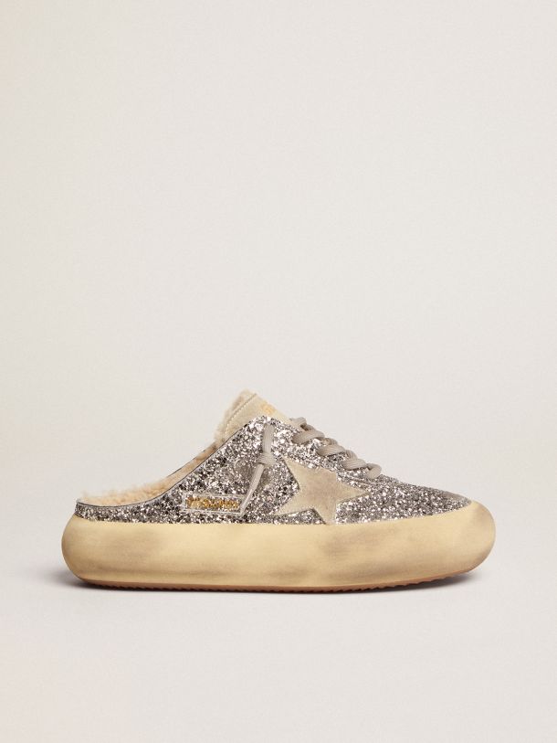 Women's Space-Star Sabot in silver glitter and shearling lining