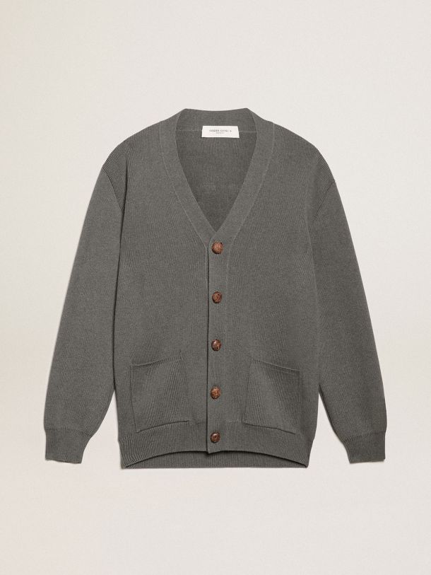 Men's cardigan in dark gray melange cotton with logo on the back