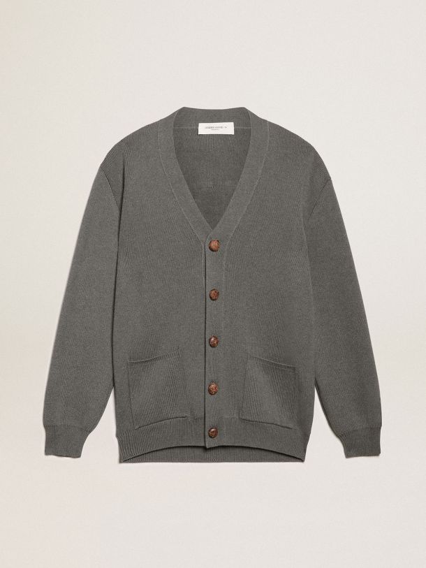Golden Collection cardigan in dark gray melange cotton with contrasting white logo on the back