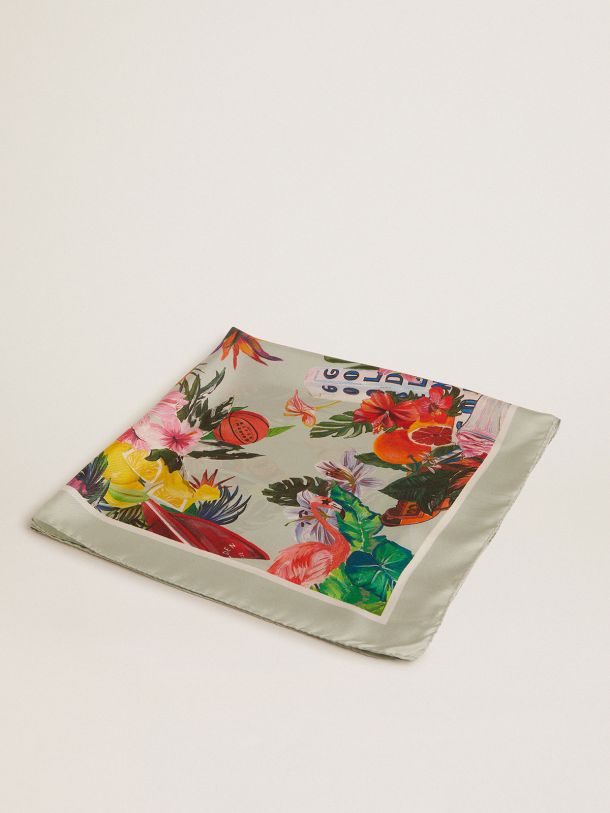 Golden Goose - Mint-green silk scarf with multicolored tropical print in 