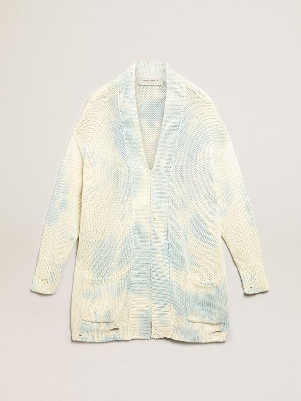 Golden Goose - White distressed-finish Journey Collection cardigan with powder-blue tie-dye effect and white lettering on the edging in 