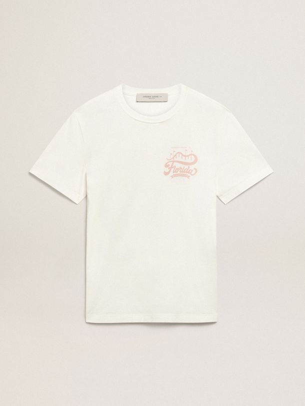 Weißes T-Shirt aus der Journey Collection mit zwei lilafarbenen Prints