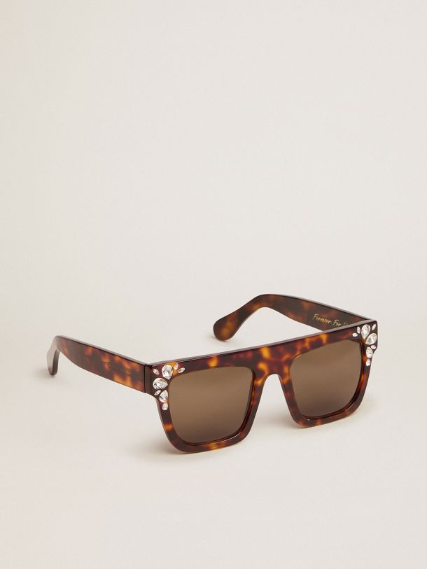 Square model sunglasses with havana frame and crystals