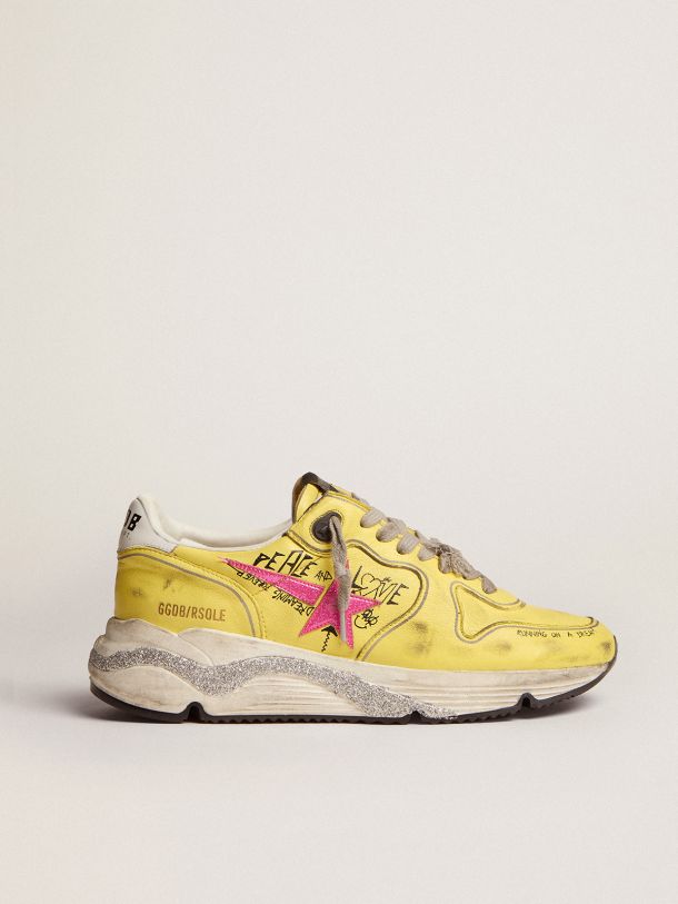 Golden Goose - Running Sole sneakers in yellow nappa leather with pink plastic-effect glitter star and all-over lettering in 