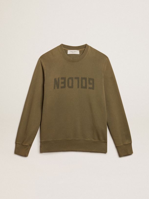 Olive-green Golden Collection sweatshirt with a distressed treatment and Golden lettering on the front