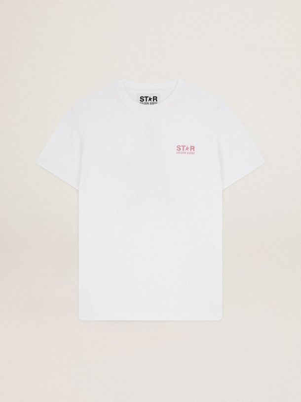 T-shirt bianca Collezione Star con logo e stella in glitter rosa