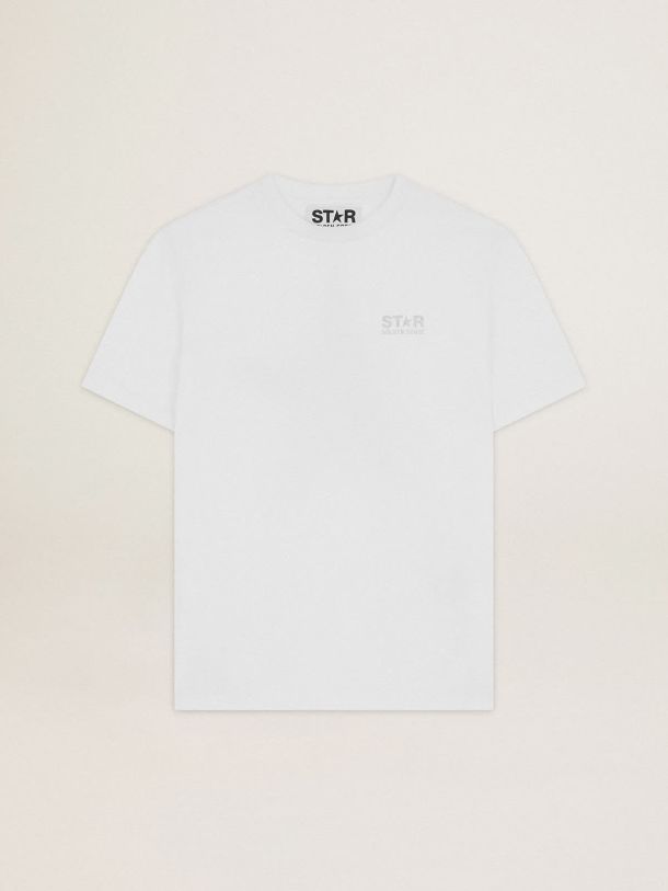 Golden Goose - Weißes T-Shirt aus der Star Collection mit Logo und Stern aus Silberglitzer in 