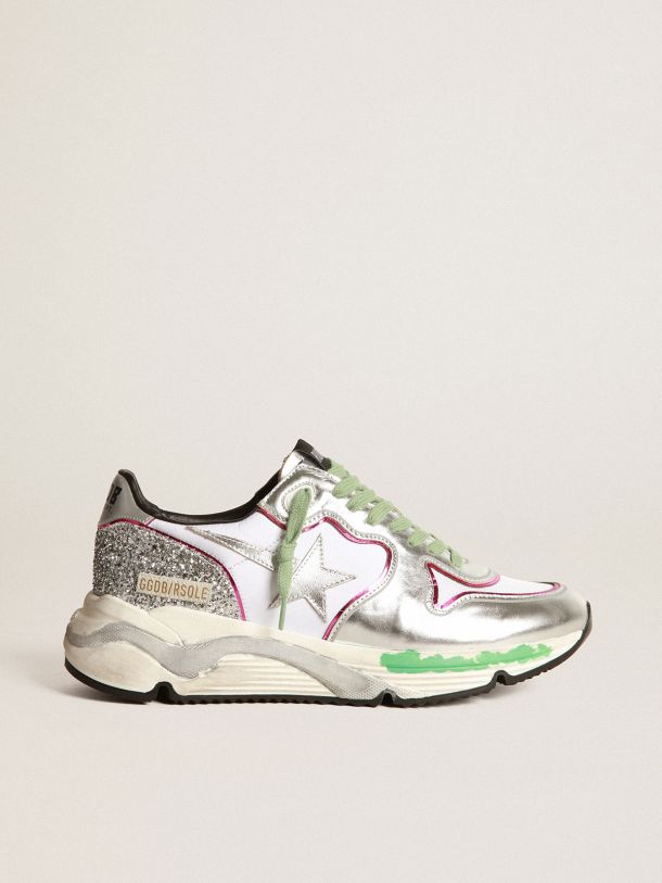 Silver Running Sole sneakers with glitter and fuchsia edging Golden Goose