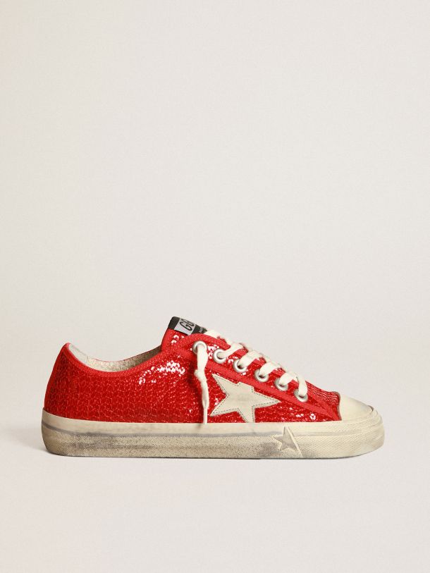 Golden Goose - V-Star sneakers in red sequins with cream-colored leather star and red grosgrain heel tab in 