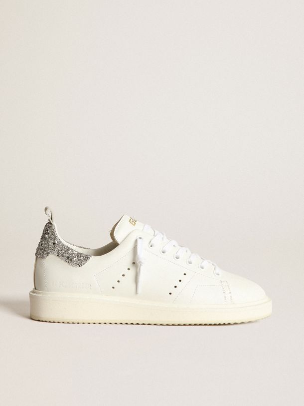 Starter sneakers in white leather with silver glitter heel tab