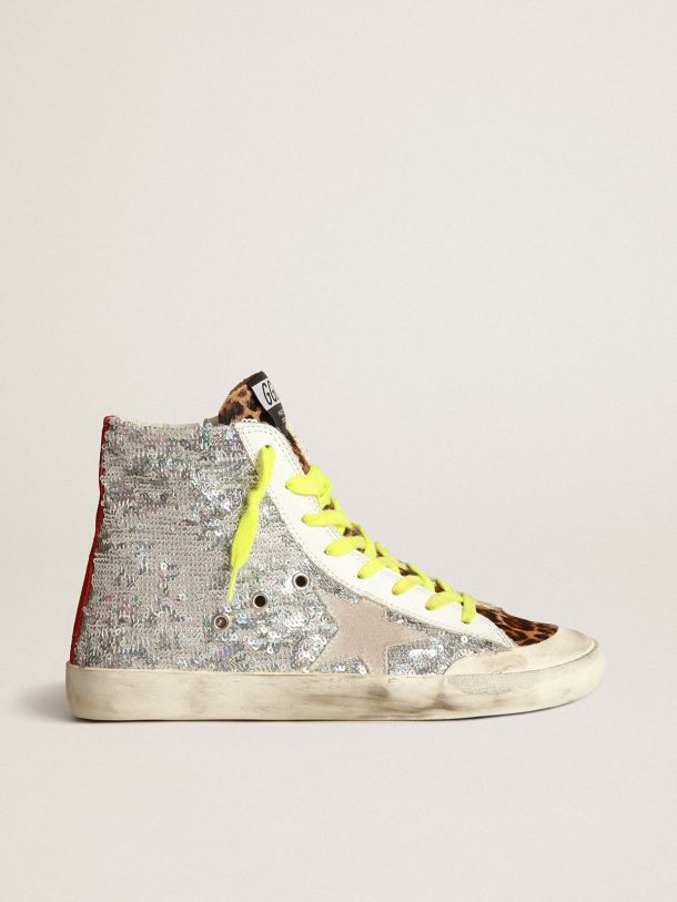 Francy sneakers with silver sequins and leopard-print pony skin