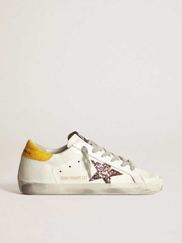 Golden Goose - Super-Star LTD sneakers with multicolored glitter star and yellow crocodile-print leather heel tab in 