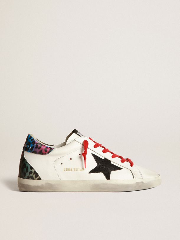 Golden Goose - Super-Star sneakers with black suede star and multicolored holographic leopard-print heel tab in 