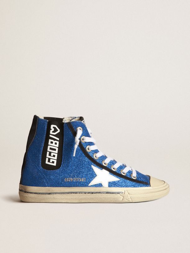 V-Star sneakers in electric blue micro-glitter with white patent leather star and black elasticated insert