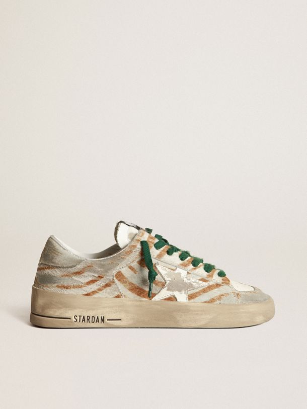 Golden Goose - Stardan LTD sneakers in gray and brown zebra-print pony skin with glossy white leather star and light gray suede heel tab in 