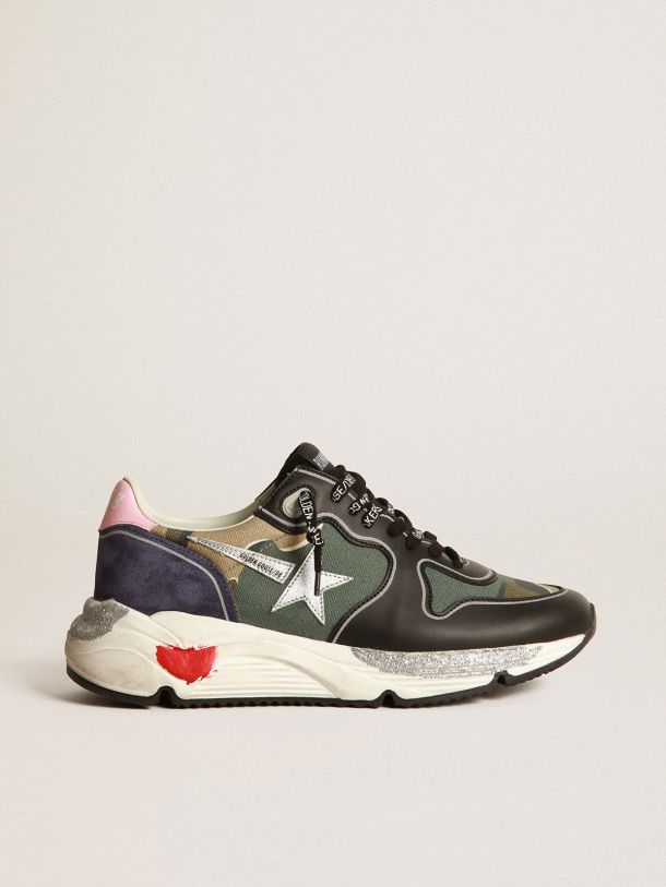 Golden Goose - Running Sole sneakers in camouflage canvas with silver laminated leather star and baby-pink leather heel tab in 