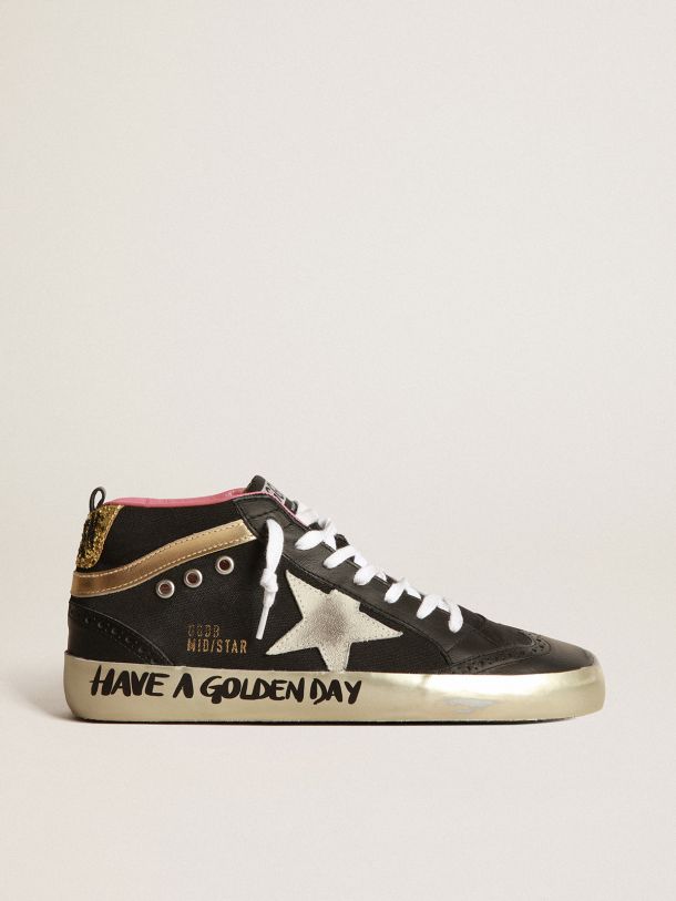 Black Mid Star Sneakers With Gold Coloured Inserts And Glitter Golden Goose